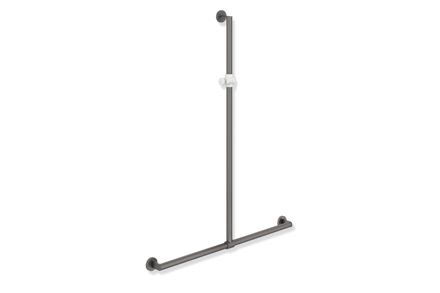 Rail with sideways adjustable vertical support bar and shower head holder